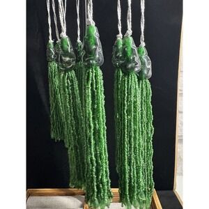 Lot Of 10 Green Glass Bead Tassel Ornaments Vintage Christmas Silver String